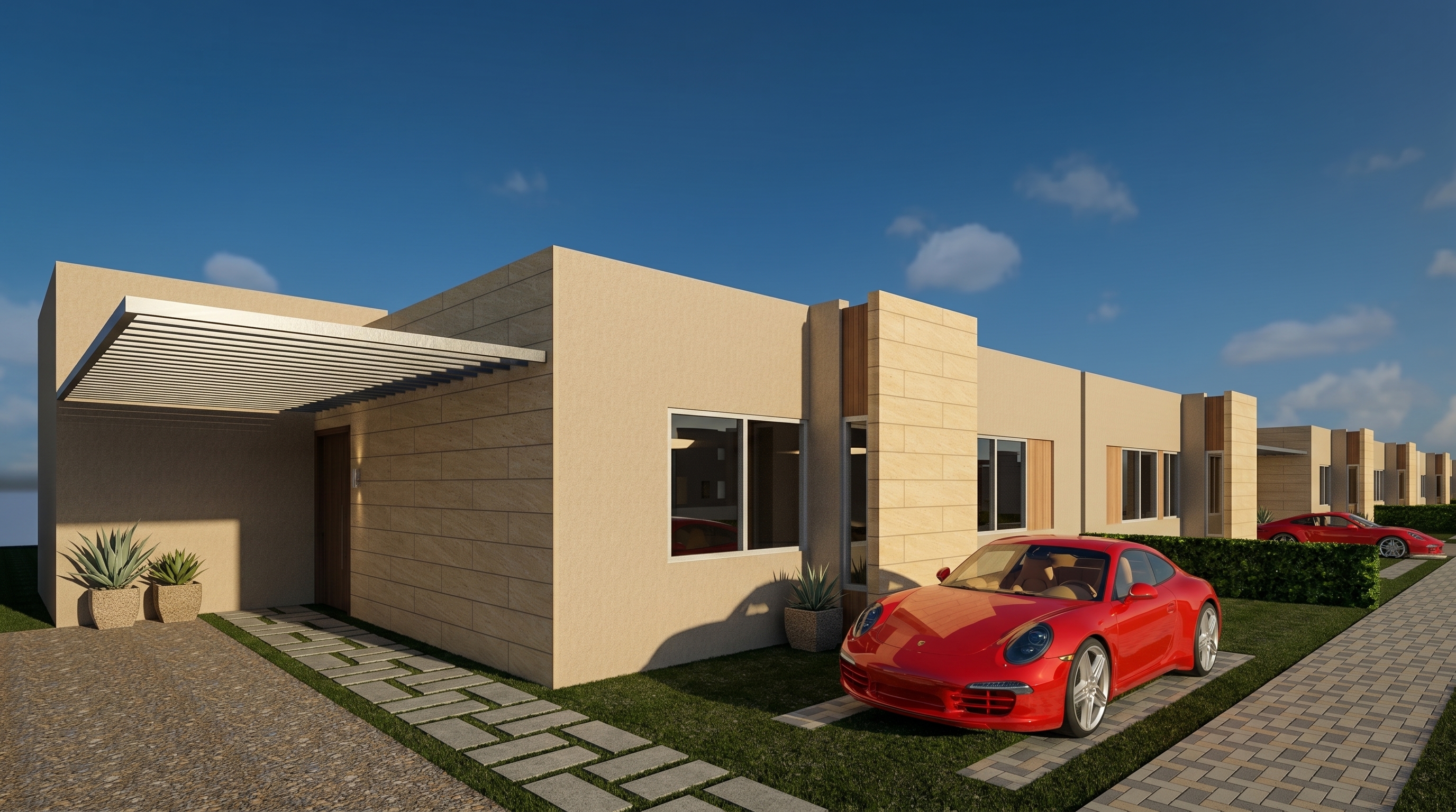 Fachada de casa campestre Tipo 3 Premium de una planta en Condominio Arrayanes
